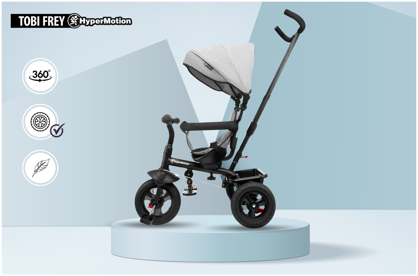 Tricycle pour enfants 1-4 ans - TOBI FREY - couleur gris - pivotant - roues gonflables + poussoir