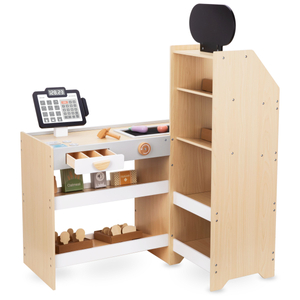 Marché aux légumes en bois - grand étal XXL, magasin avec caisse enregistreuse ludique