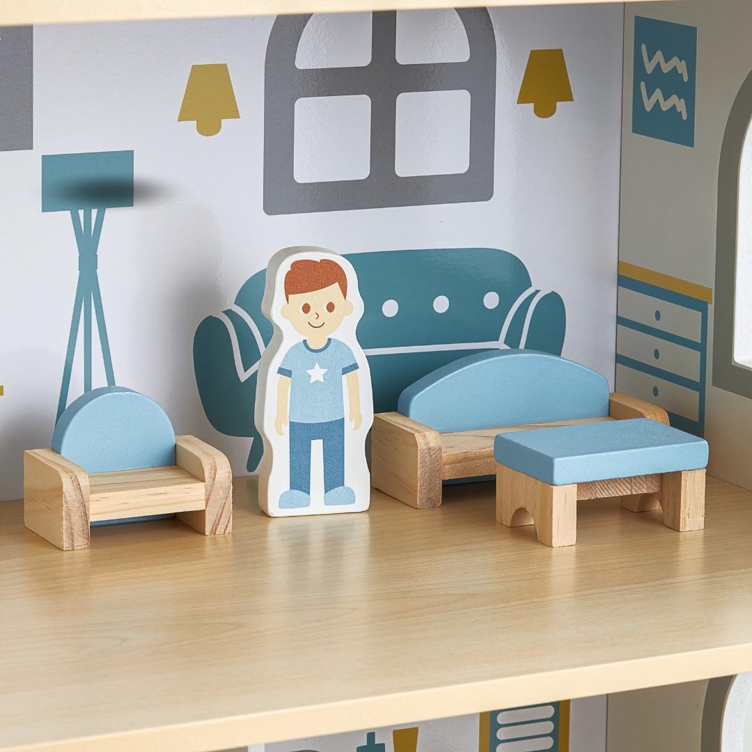 Maison de poupées en bois blanc avec terrasse et accessoires