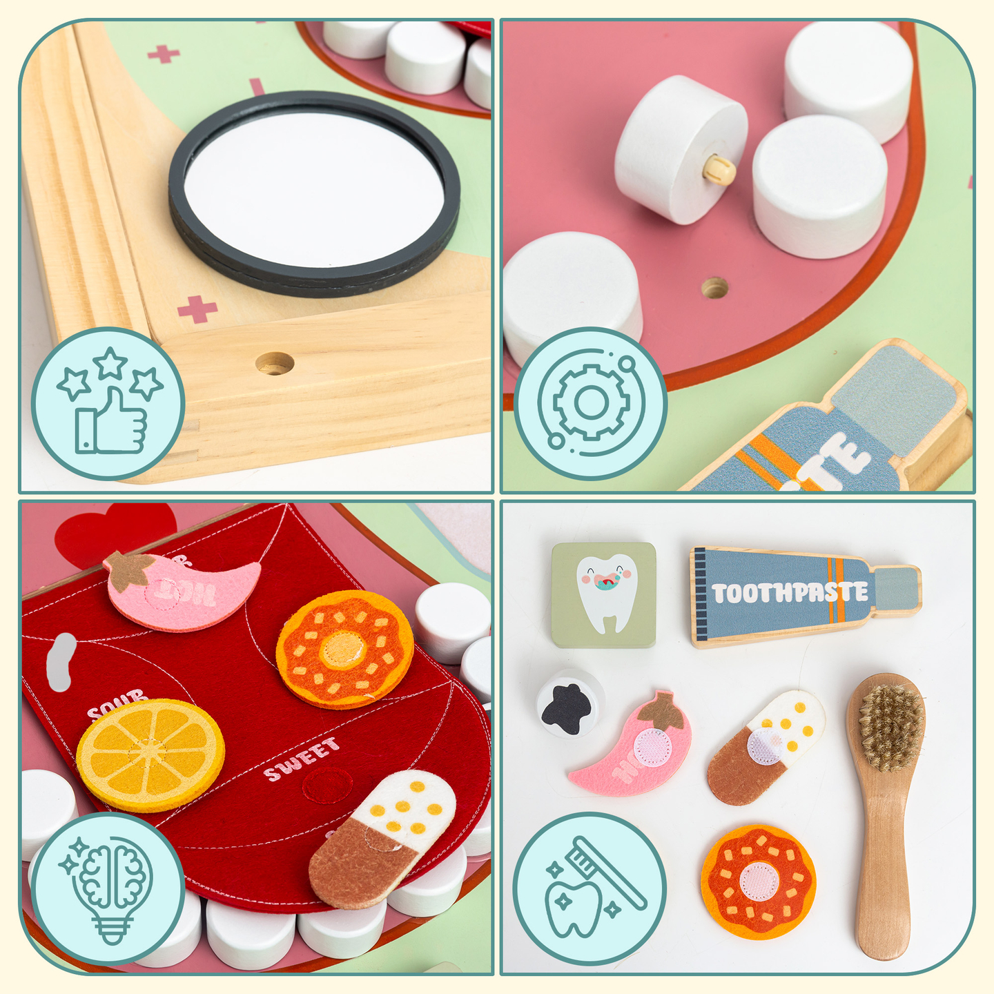 Planche éducative Montessori en bois Petit Dentiste - brosse à dents, dentifrice, dents amovibles, miroir, nourriture, apprentissage des saveurs