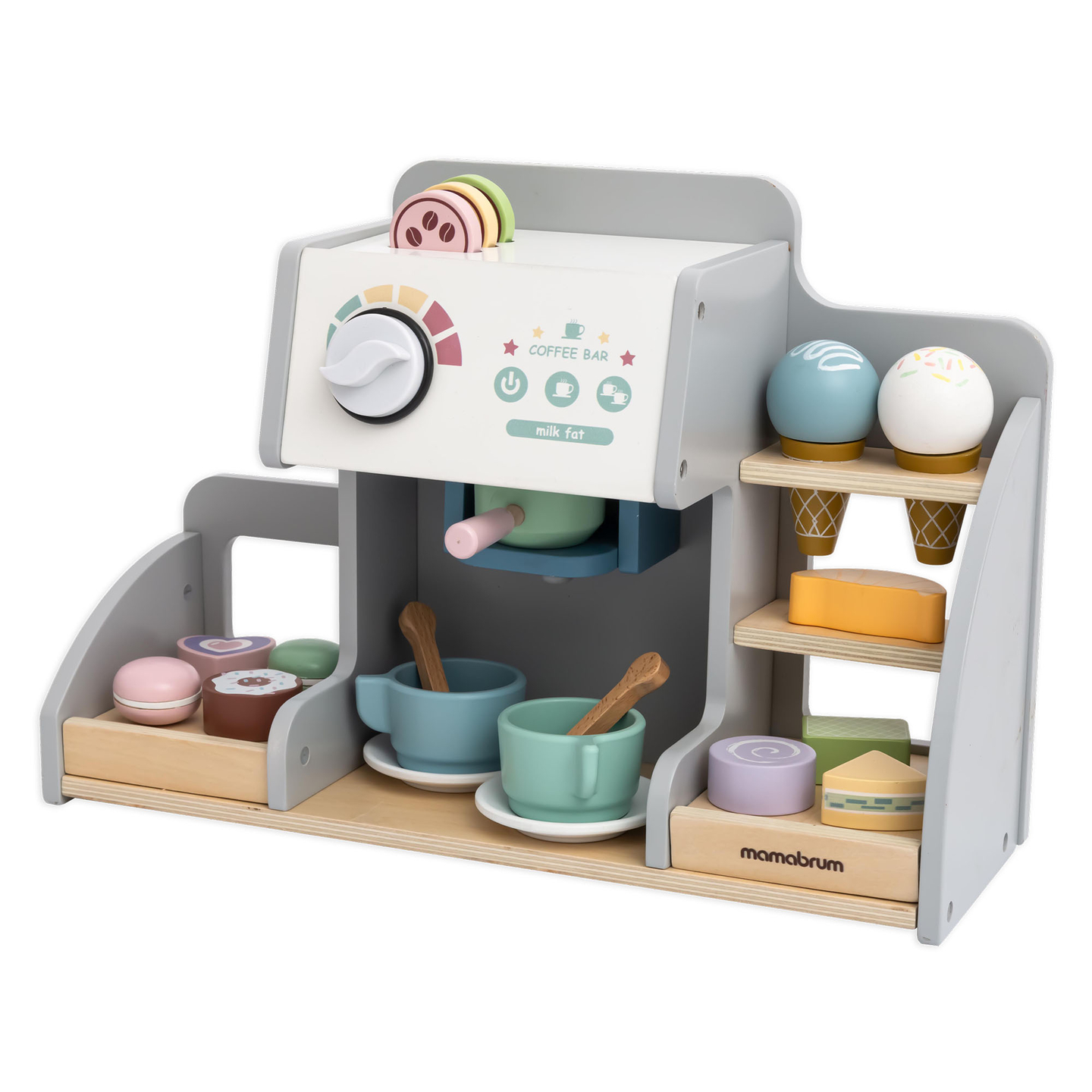 Une grande glacière en bois avec tableau magnétique, machine à café et set de glaces et de desserts - plus de 70 pièces !