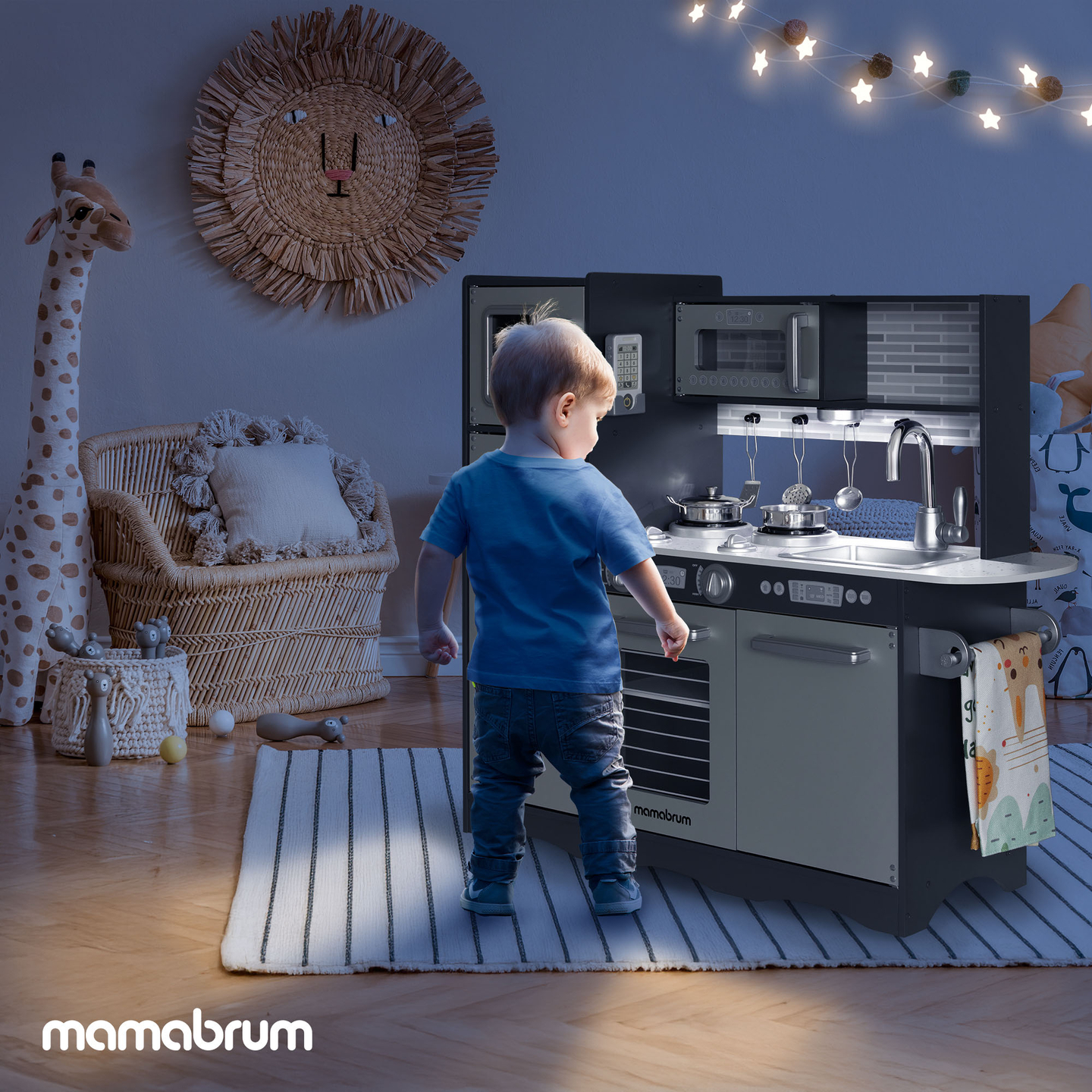 Cuisine en bois XXL avec éclairage LED, tablier et accessoires