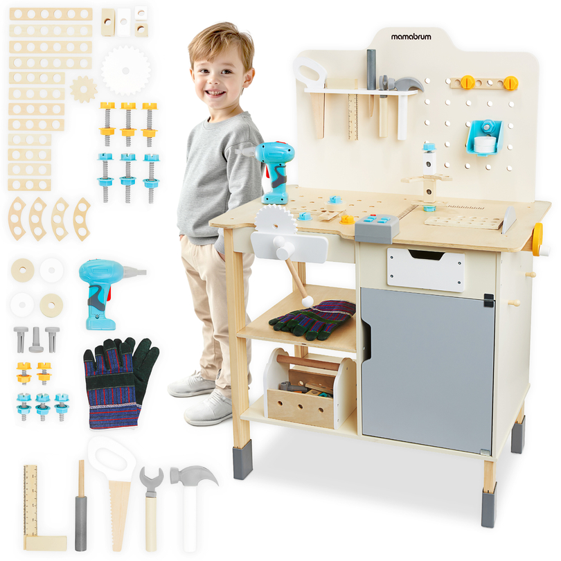XXL Grand atelier en bois avec outils - set de bricolage, 74 éléments