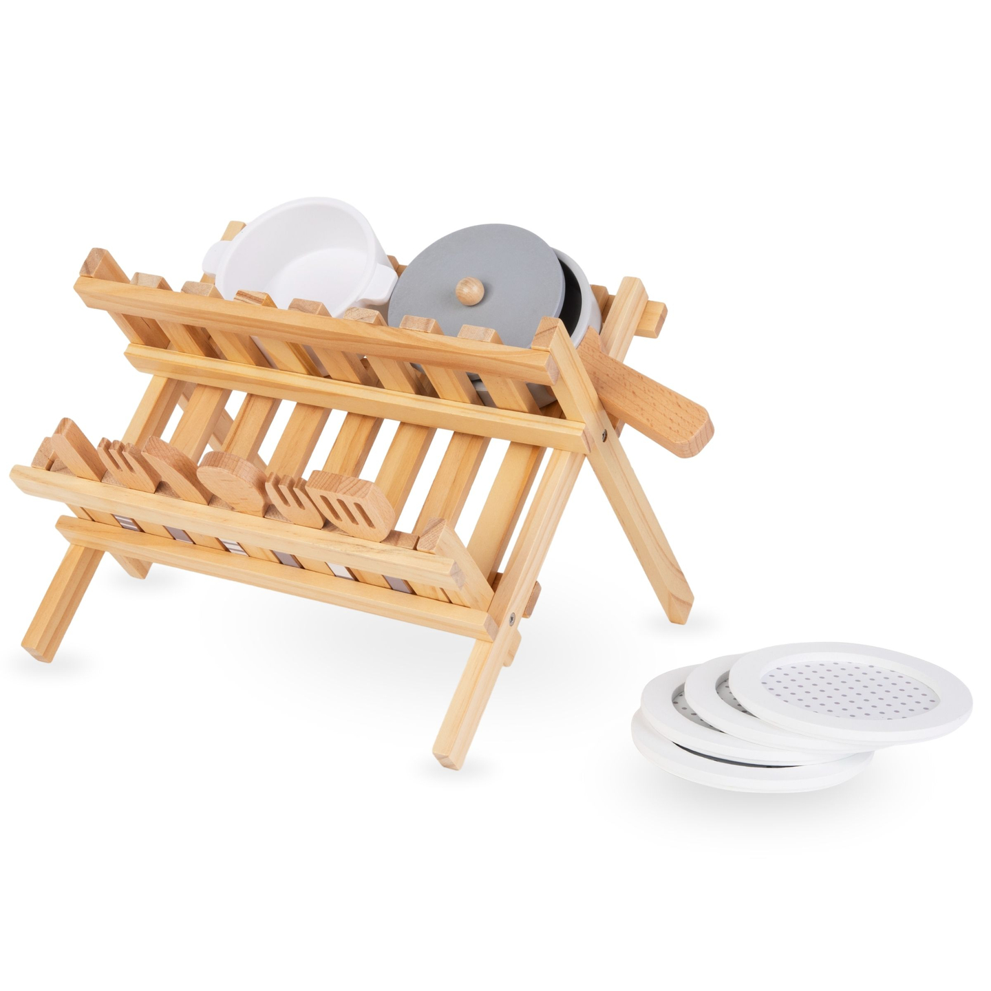 Accessoires de cuisine en bois avec séchoir à casseroles - set pour enfants