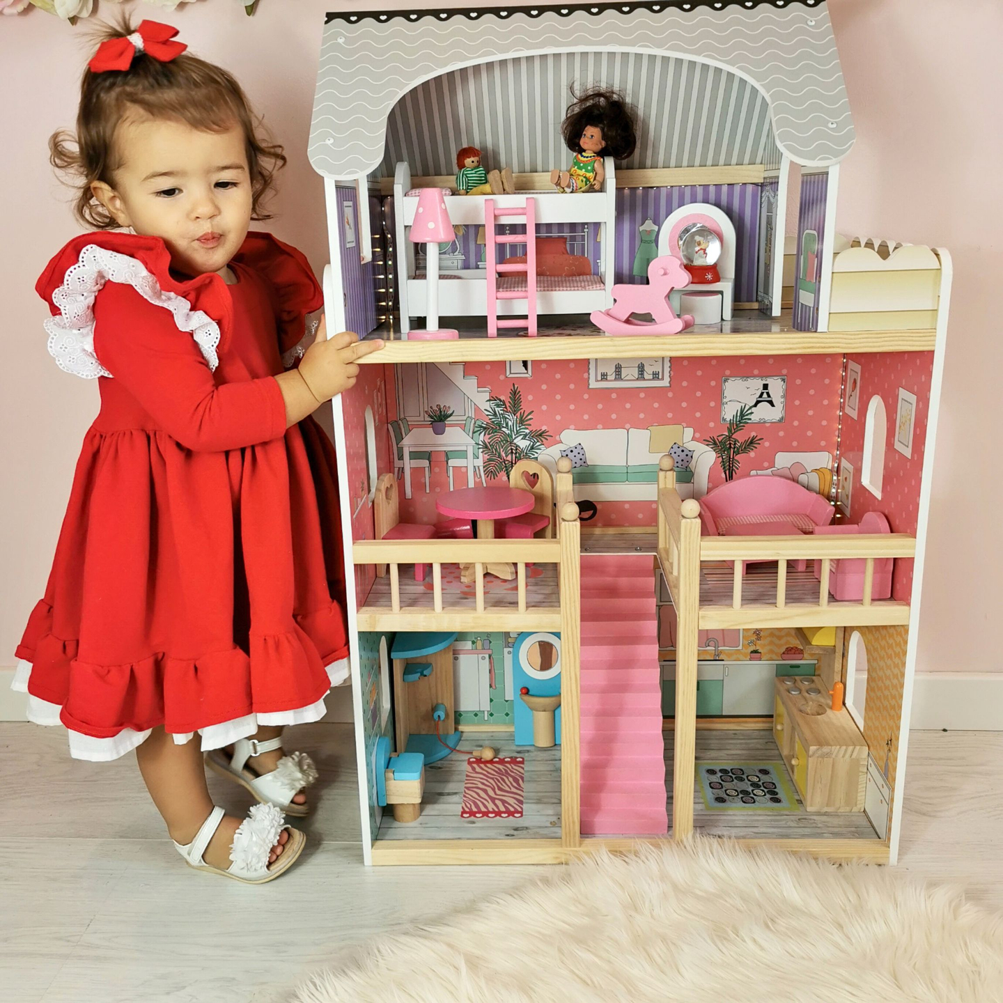 Grande maison de poupées en bois à 3 étages avec terrasse, ensemble de meubles et éclairage LED !