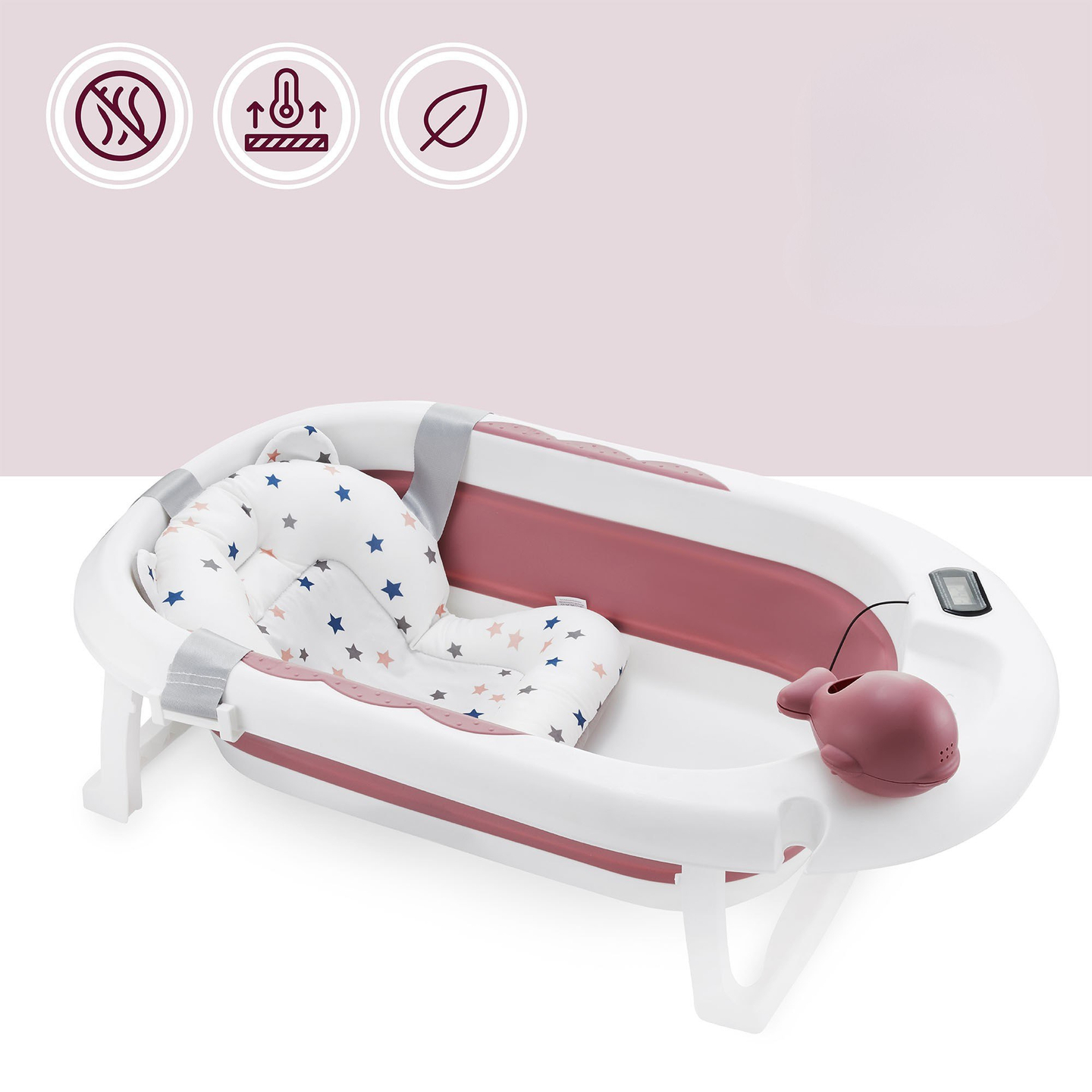 Baignoire pliante pour bébé avec thermomètre, insert et support - couleur rose sale