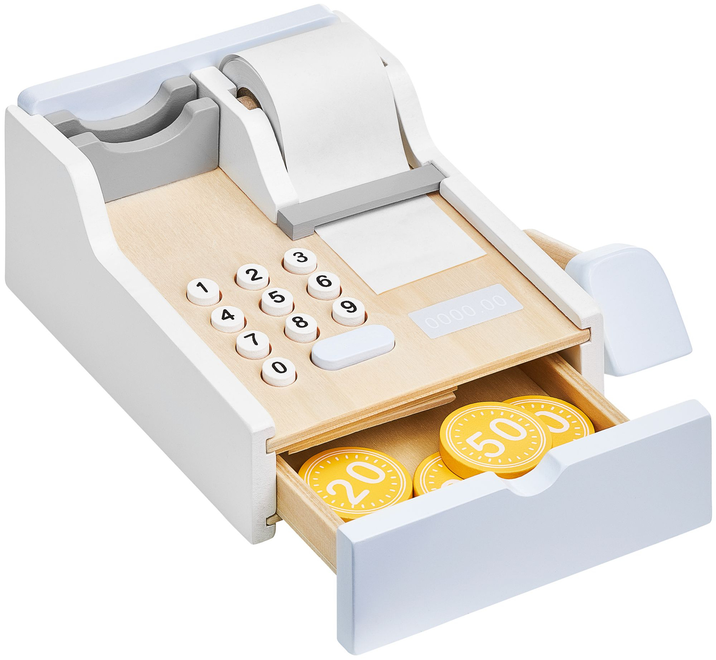 Magasin de légumes - étalage en bois avec caisses, caisse enregistreuse et terminal