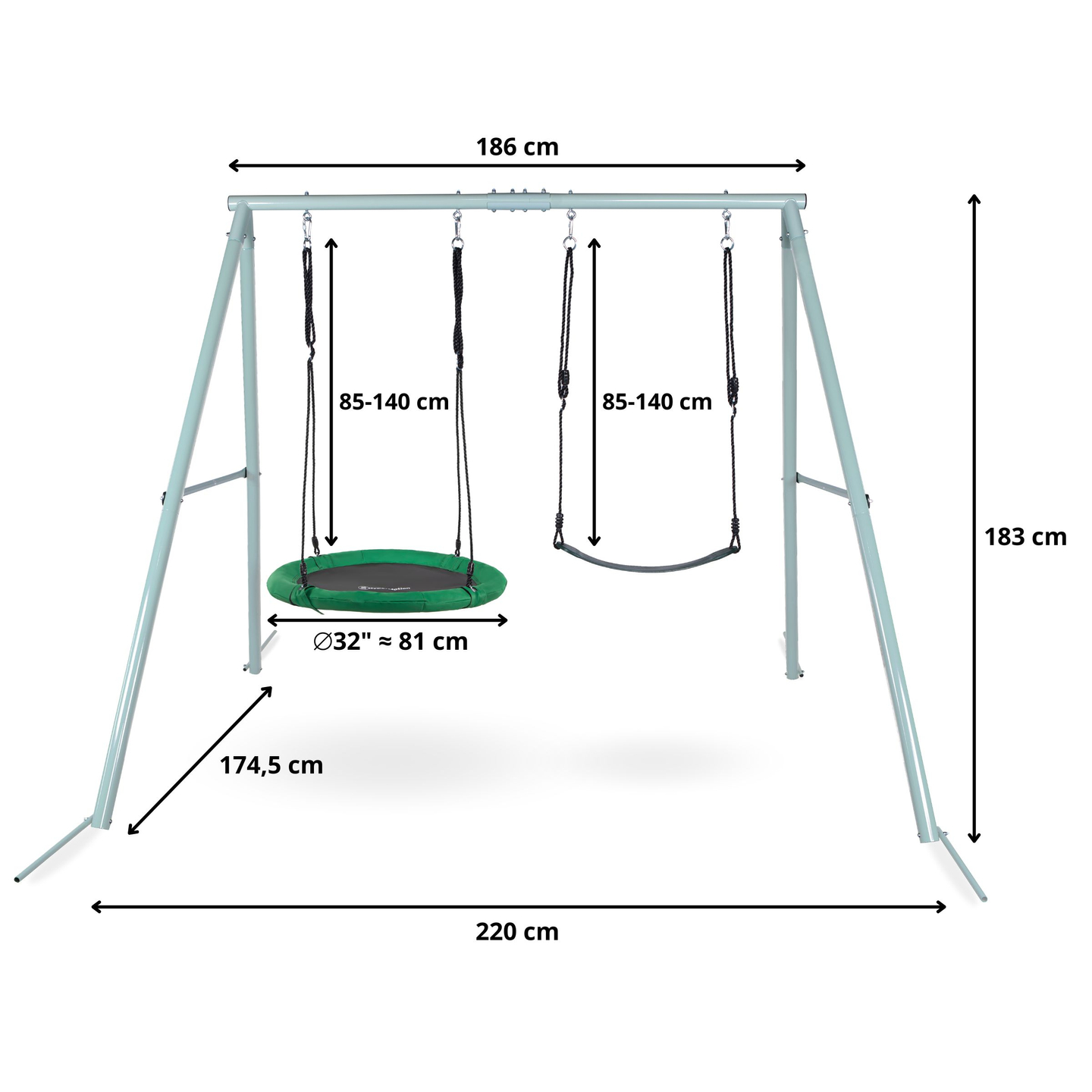 Balançoire de jardin double avec cadre et cordes - siège et nid de cigogne