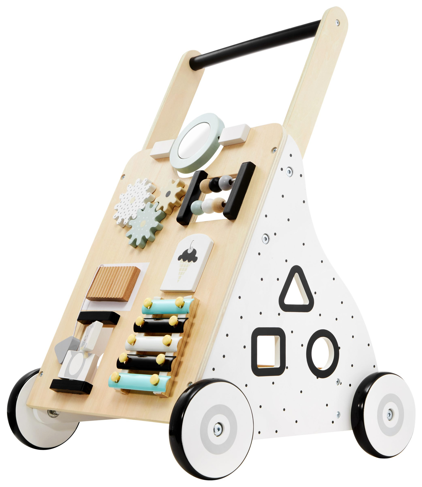 Trotteur / poussette en bois, éducatif - planche de manipulation