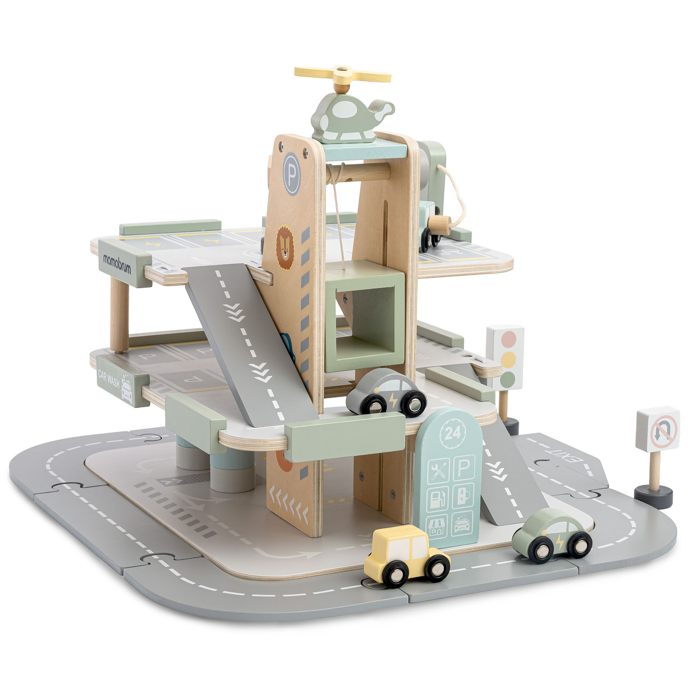 Garage en bois à trois étages pour enfants avec accessoires – parking, station-service, lave-auto, hélicoptère