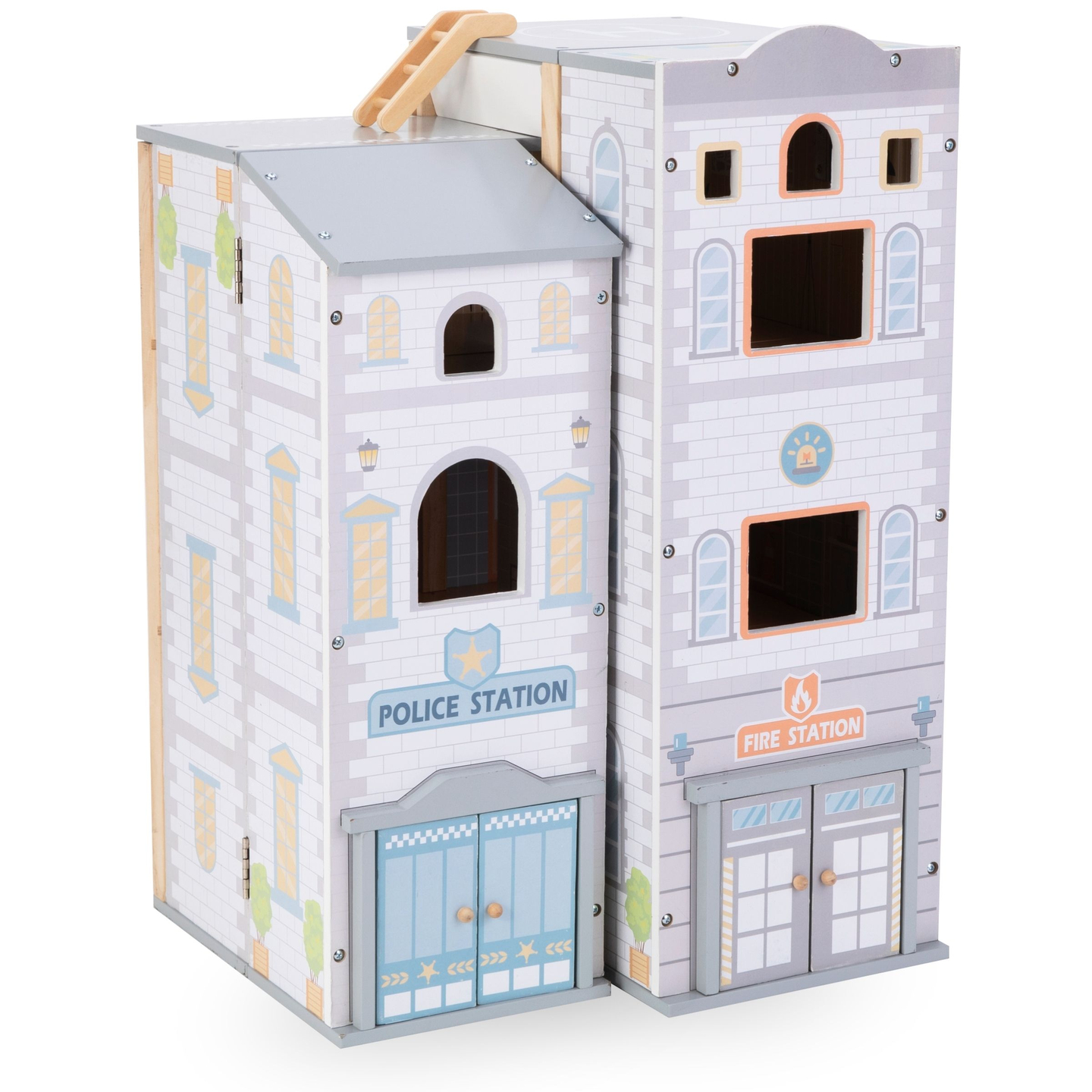 Grande caserne de pompiers pliante avec poste de police - ensemble en bois. Caserne de pompiers et poste de police avec accessoires.