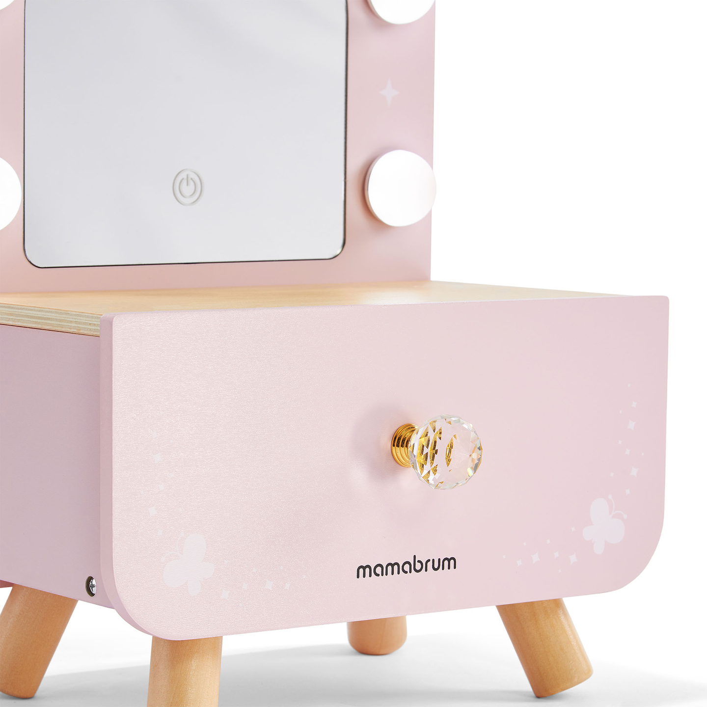 Mini coiffeuse en bois pour enfants avec accessoires et éclairage LED à luminosité réglable.