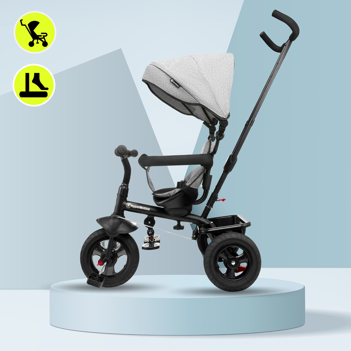 Tricycle pour enfants 1-4 ans - TOBI FREY - couleur gris - pivotant - roues gonflables + poussoir