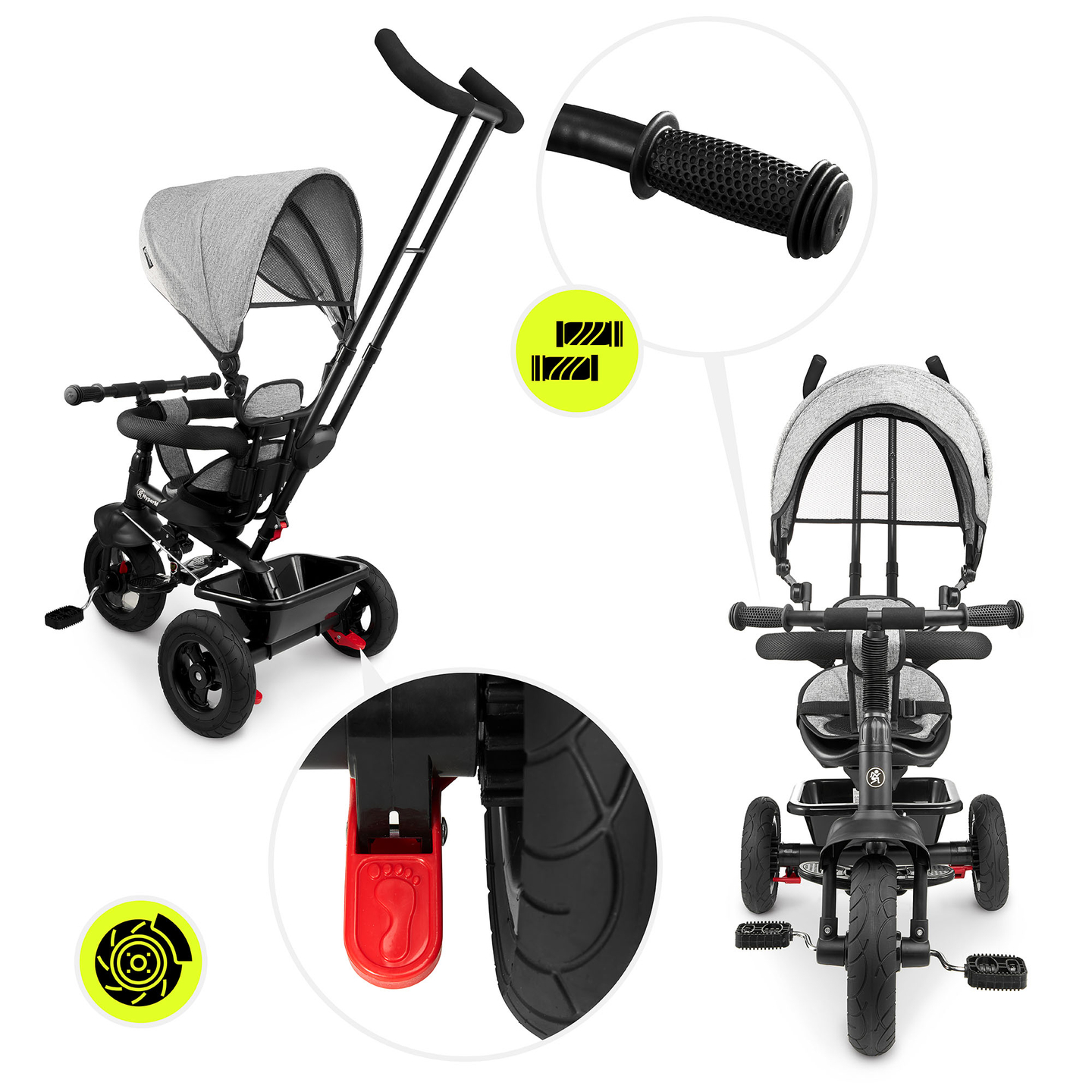 Tricycle pour enfants 1-4 ans - TOBI FREY - couleur gris - pivotant - roues gonflables + poussoir