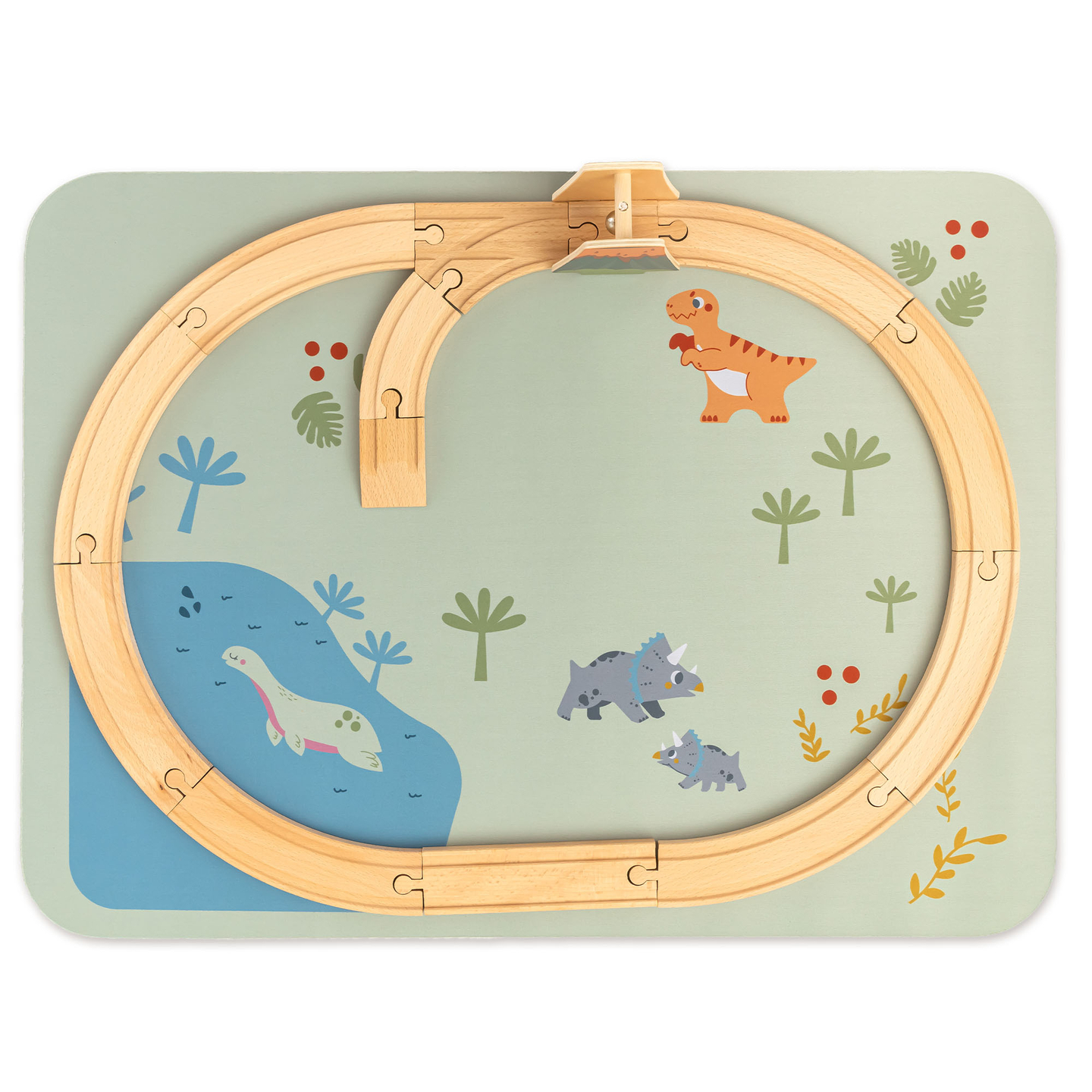 Train en bois Dino Park avec tapis antidérapant - dinosaures, train, rails, volcan, cloche