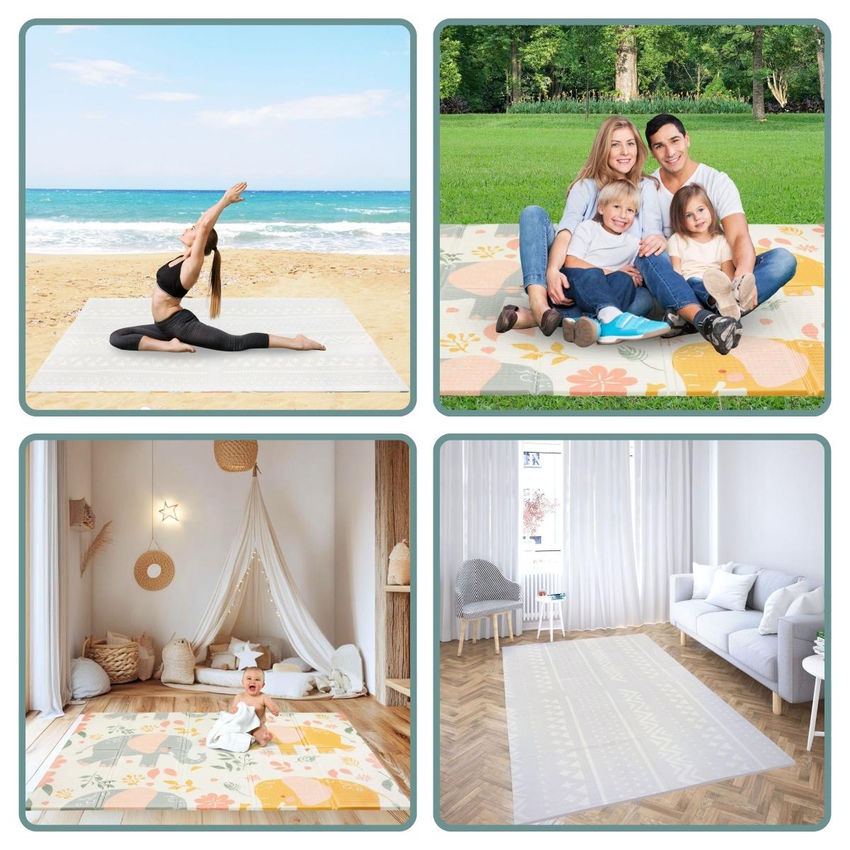 Tapis pliant double face en mousse 180 x 120 x 1cm - Eléphants exotiques/Gris délicat