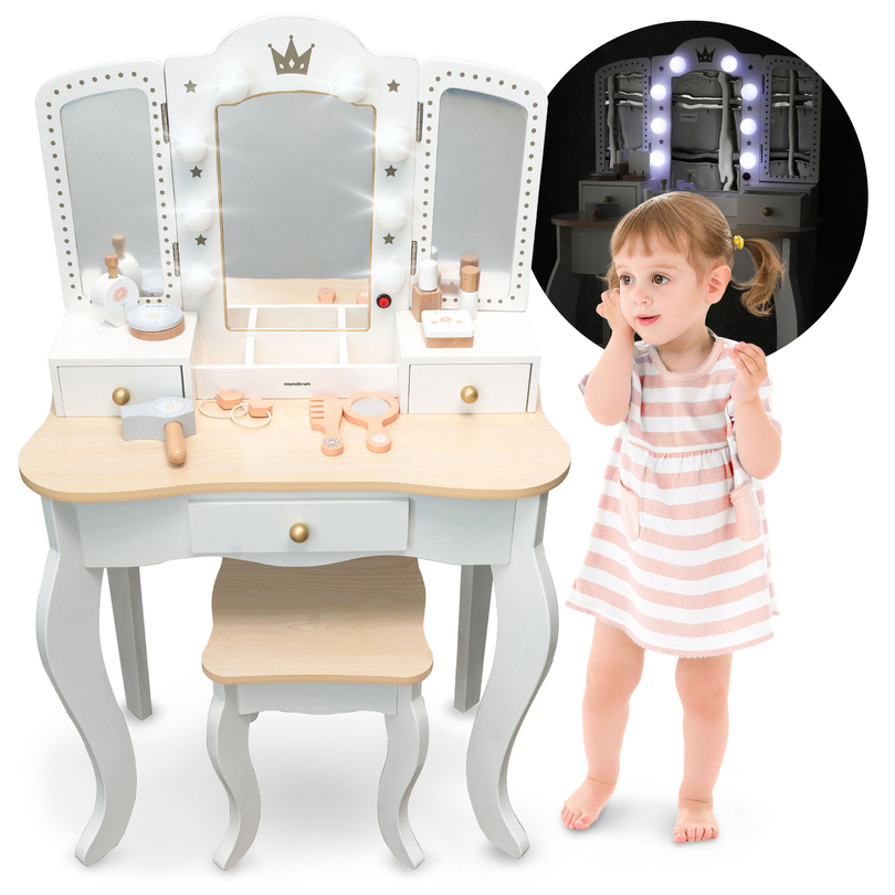 Coiffeuse XXL en bois avec tabouret et éclairage LED pour enfants + accessoires