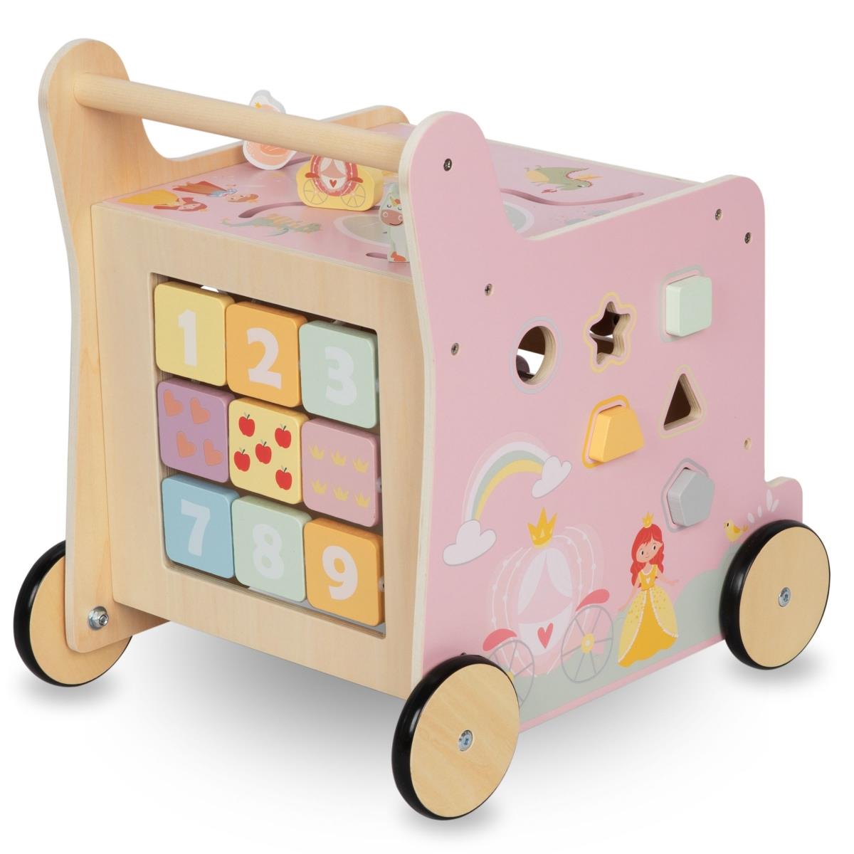 Déambulateur 2-en-1 en bois avec fonction cube éducatif, rose