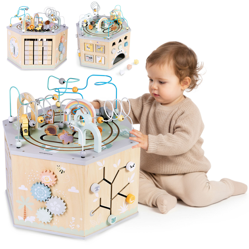 Grand cube éducatif en bois - un jouet Montessori avec un train magnétique et des boucles motrices