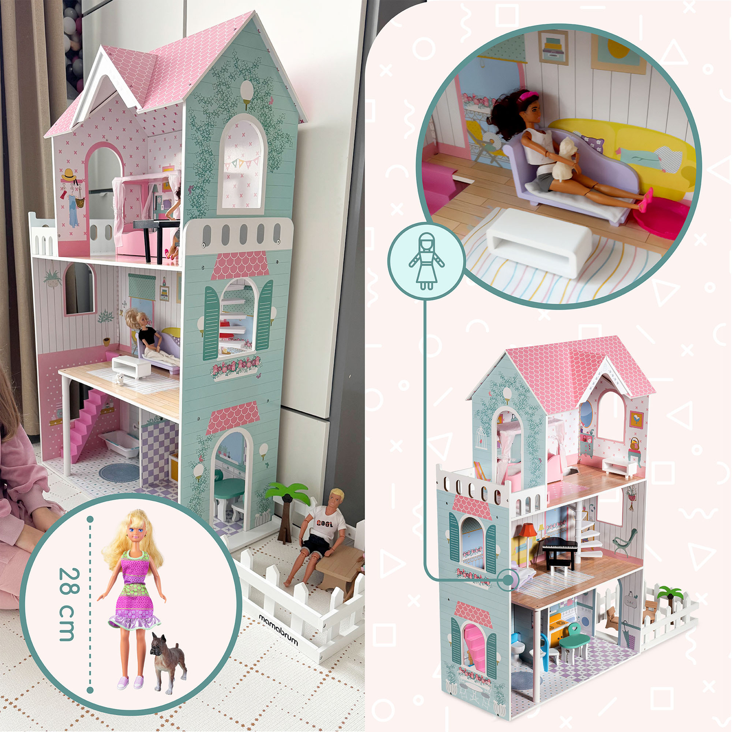 XXL La plus grande maison de poupées en bois - 123 cm - illuminée par LED - terrasse, accessoires, jardin