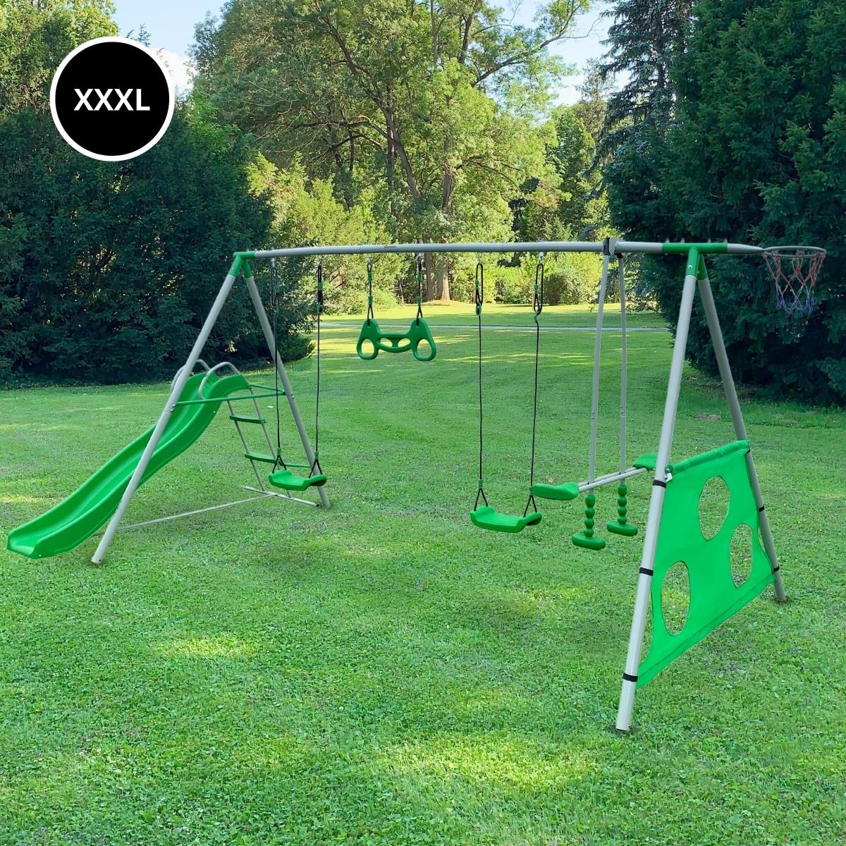 Aire de jeux de jardin XXXL pour enfants avec balançoires, toboggan, trapèze de gymnastique, panier de basket et but de football