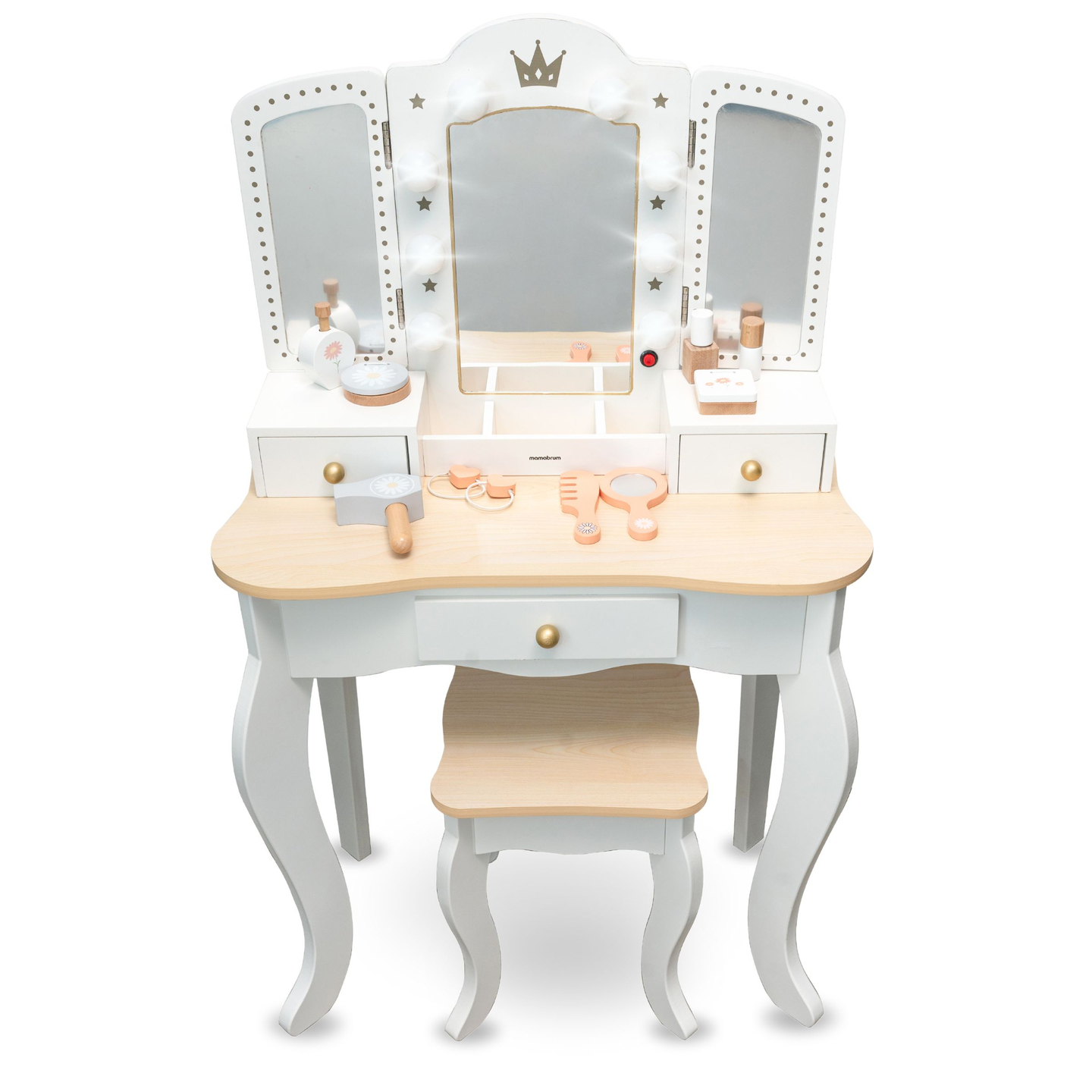 Coiffeuse XXL en bois avec tabouret et éclairage LED pour enfants + accessoires