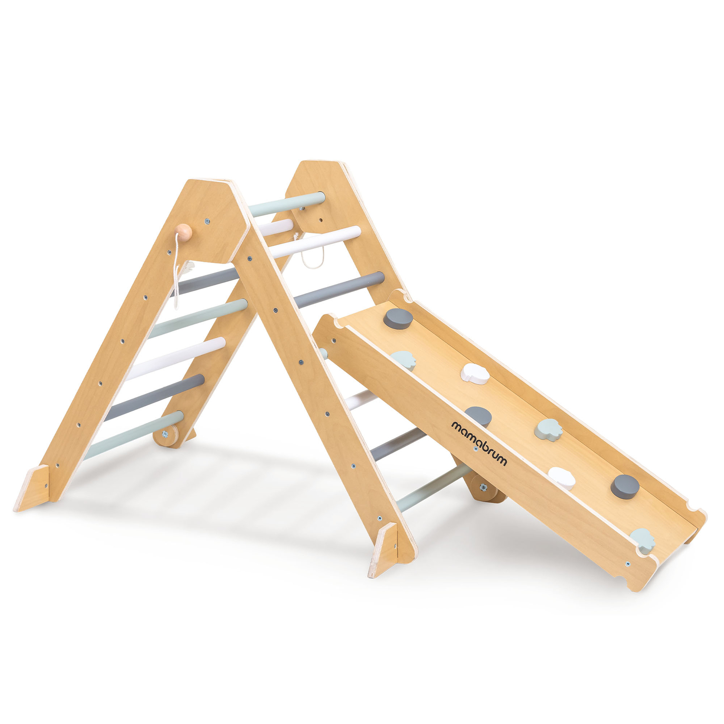 Aire de jeux intérieure en bois pour enfants - mur d'escalade, toboggan, arche d'escalade/bascule et triangle de Pikler
