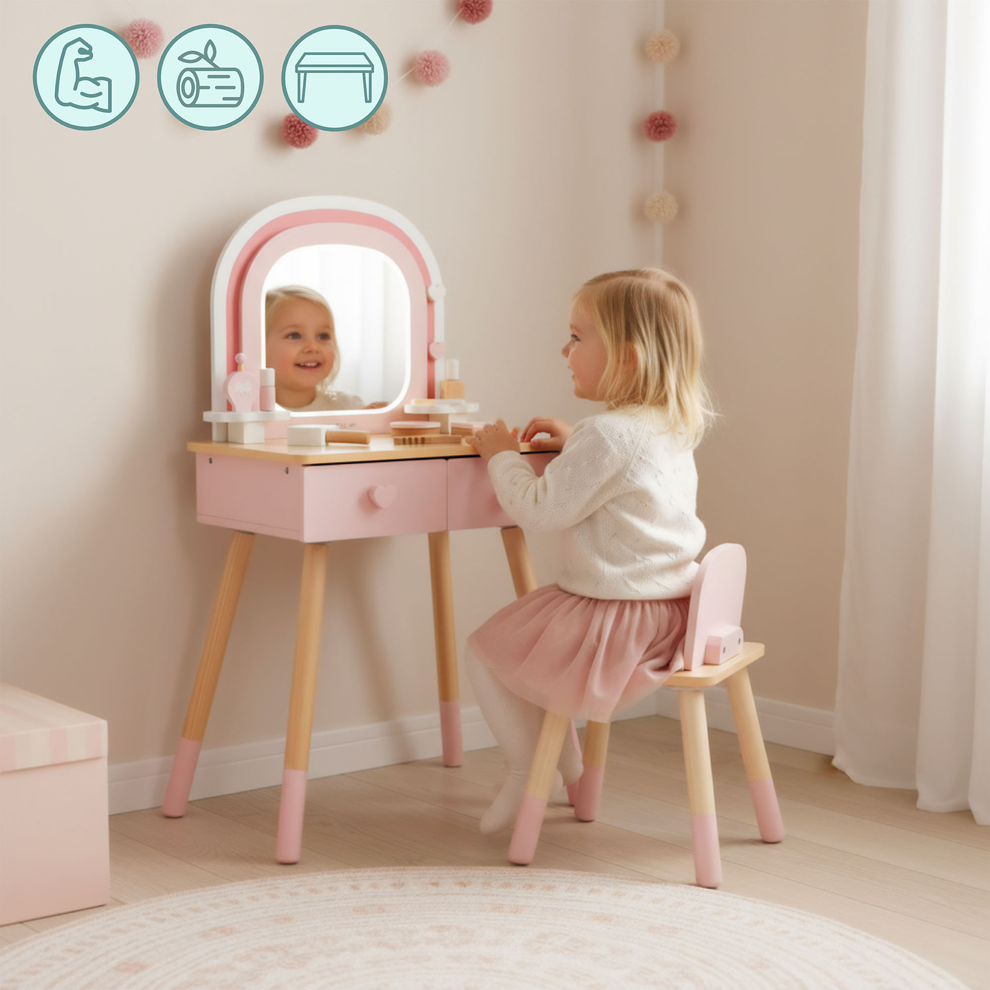 Coiffeuse en bois pour enfants avec éclairage LED à luminosité réglable, chaise et accessoires inclus.