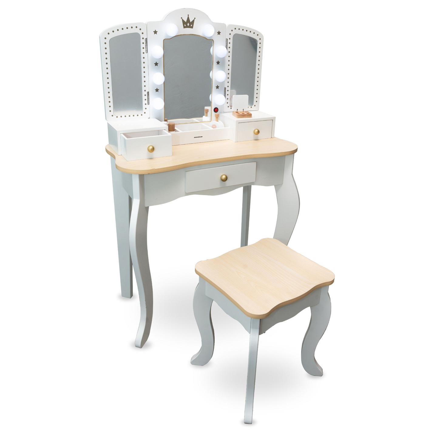 Coiffeuse XXL en bois avec tabouret et éclairage LED pour enfants + accessoires