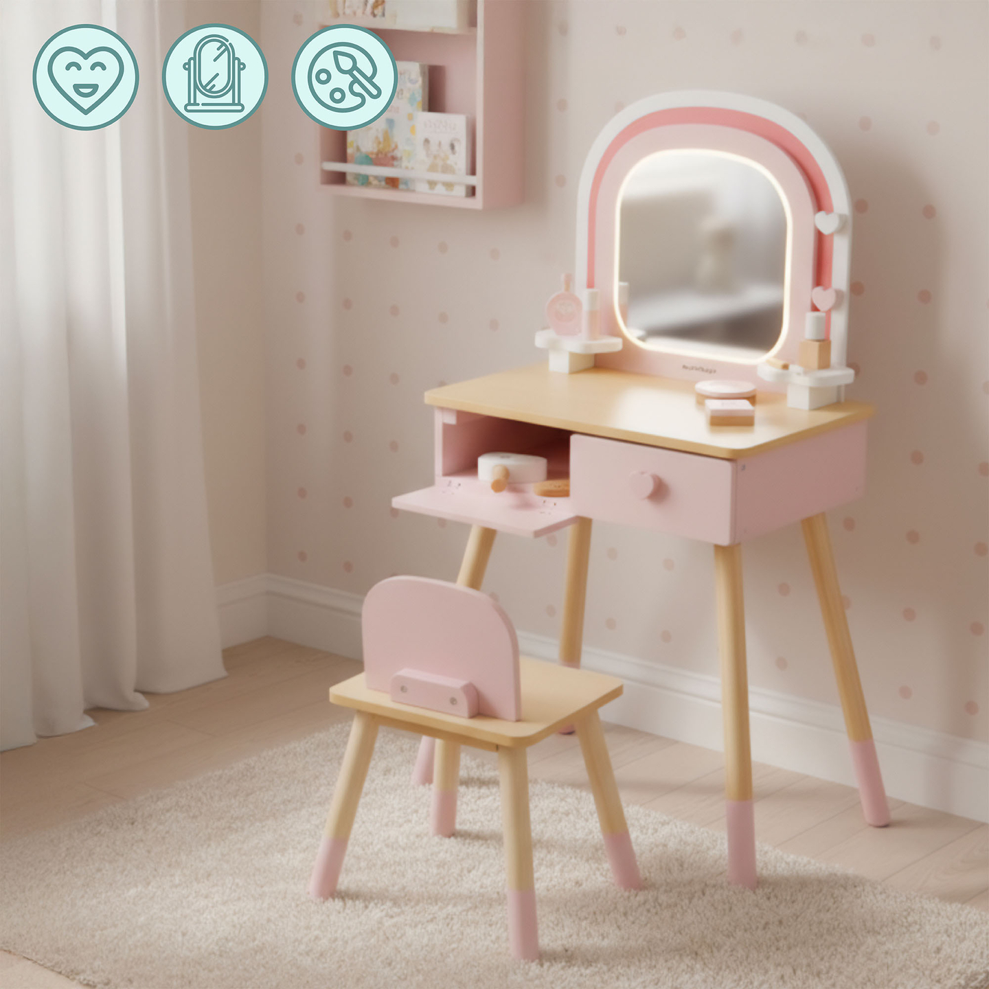 Coiffeuse en bois pour enfants avec éclairage LED à luminosité réglable, chaise et accessoires inclus.