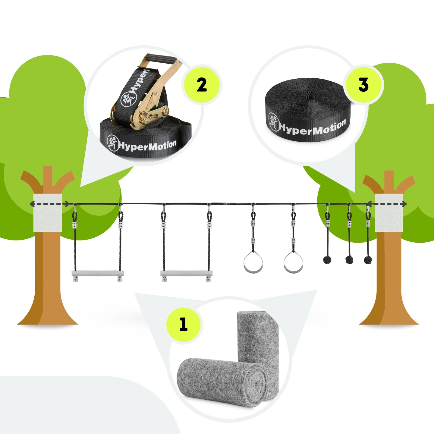 Course d'obstacles Ninja pour enfants - HyperMotion slackline set - 7 obstacles