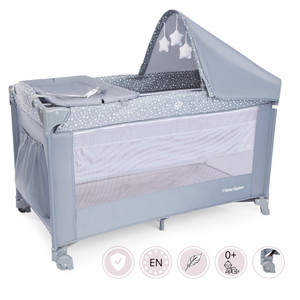 Lit parapluie / parc 2 niveaux avec table à langer, toit et matelas Happy Traveler BASIC PLUS - gris