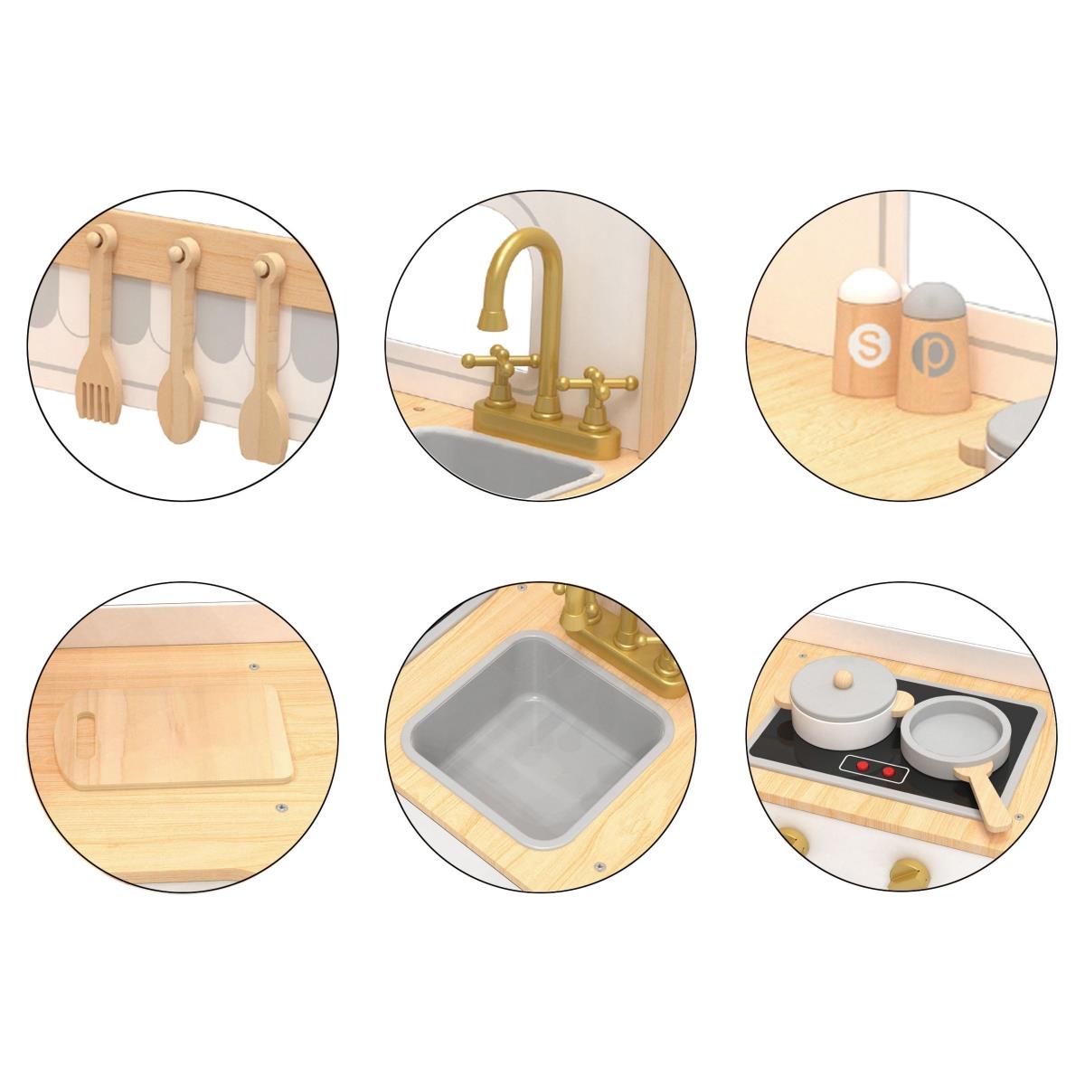 Cuisine d'angle interactive en bois XXXL avec réfrigérateur, micro-ondes, four, lave-linge et accessoires - naturel