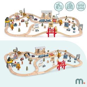 Chemin de fer urbain en bois avec train électrique - grue mobile, bateau, ponts