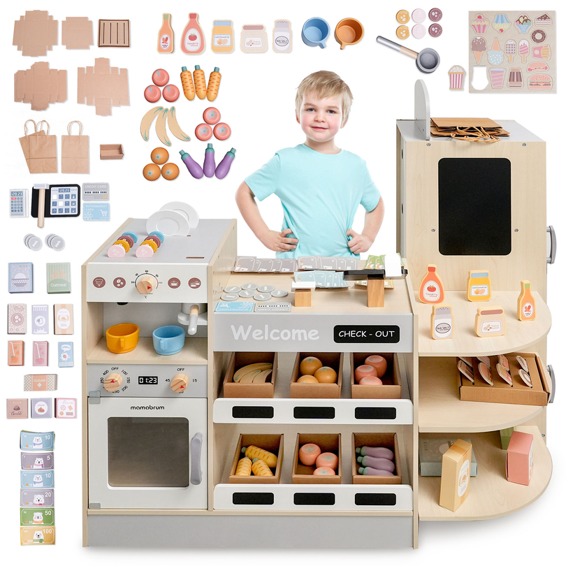 Grand magasin XXXL en bois pour enfants avec fast food - Corner shop + Machine à café + Four + Réfrigérateur - 106 ac.