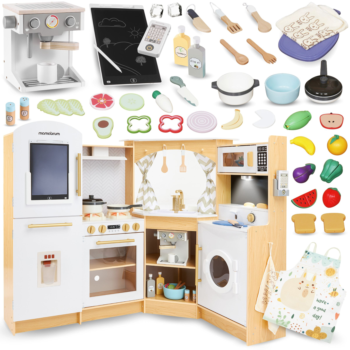 XXXXL grande cuisine interactive en bois avec éclairage LED, lave-linge, micro-ondes, machine à café et set de fruits et légumes - 50 éléments