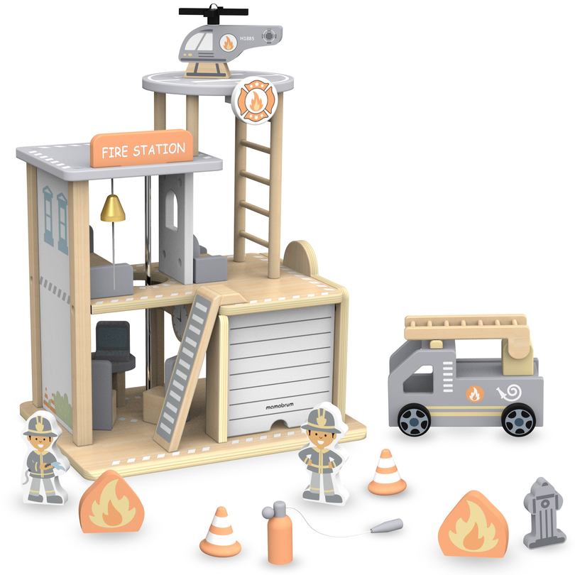 Caserne de pompiers en bois avec accessoires, pompiers