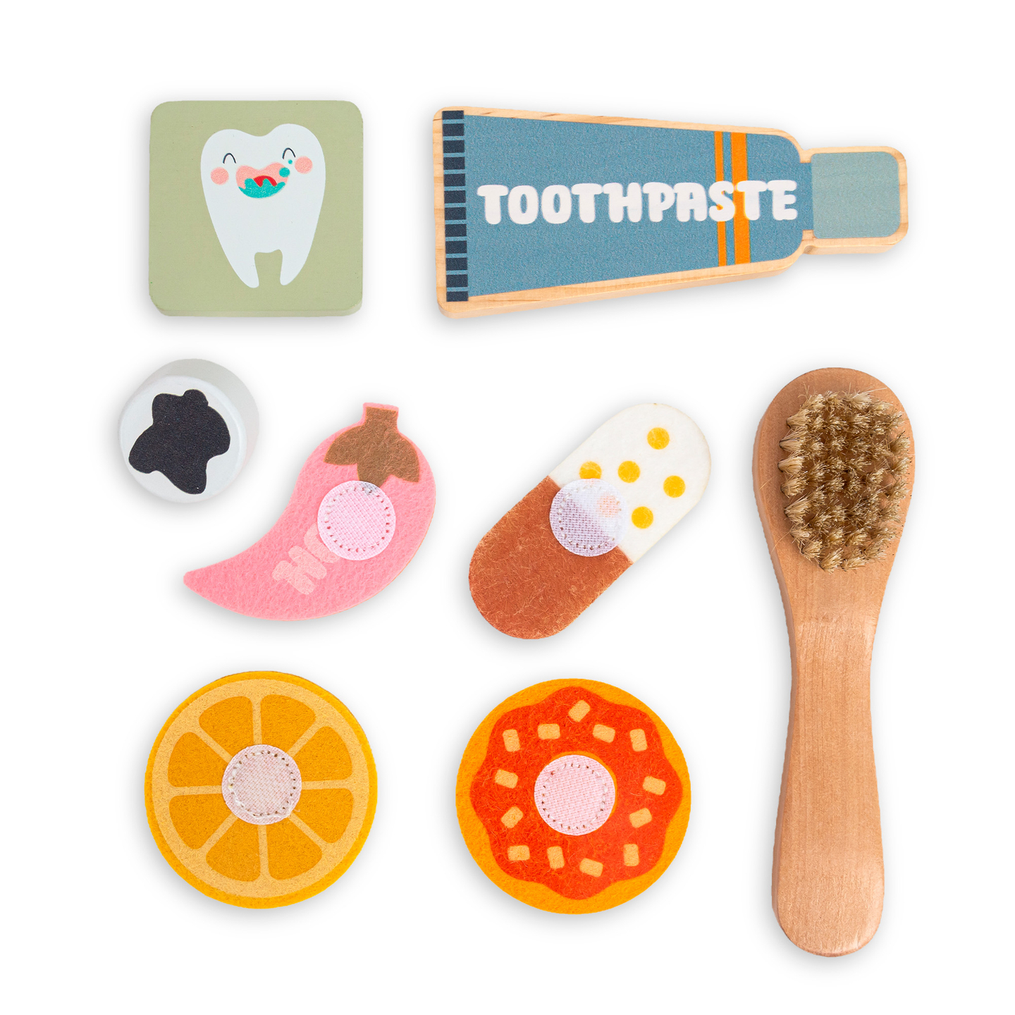 Planche éducative Montessori en bois Petit Dentiste - brosse à dents, dentifrice, dents amovibles, miroir, nourriture, apprentissage des saveurs