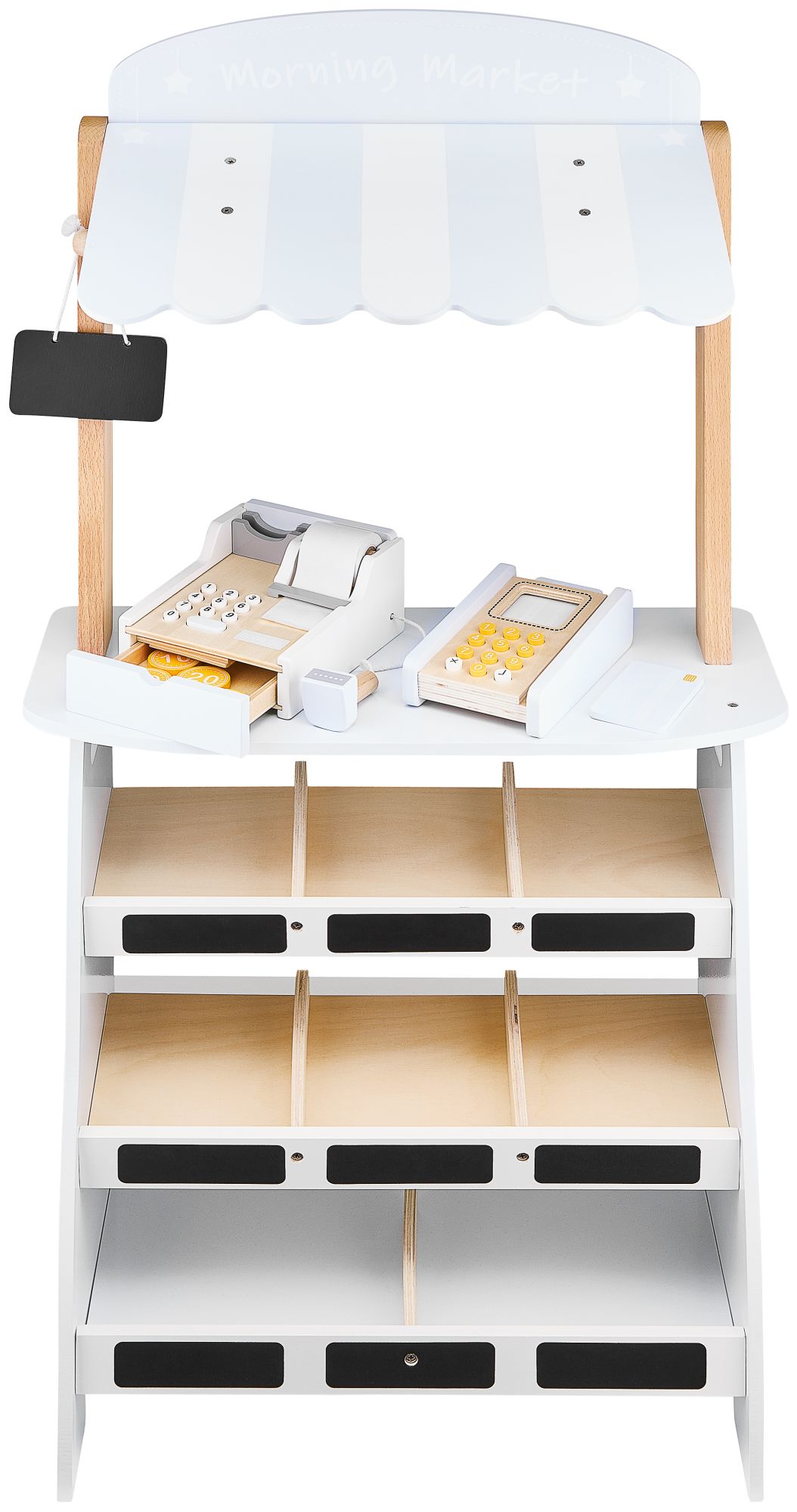 Magasin de légumes - étalage en bois avec caisses, caisse enregistreuse et terminal