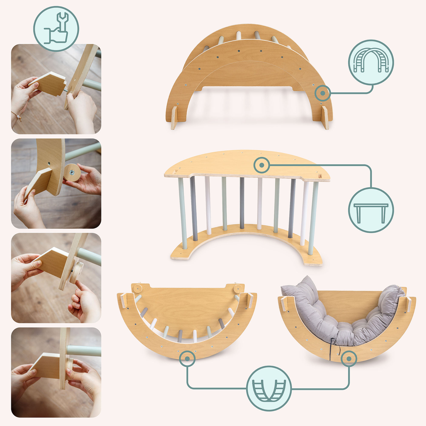 Aire de jeux intérieure en bois pour enfants - mur d'escalade, toboggan, arche d'escalade/bascule et triangle de Pikler