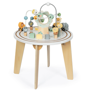 Table éducative ronde en bois avec un train magnétique et un lanceur de perles