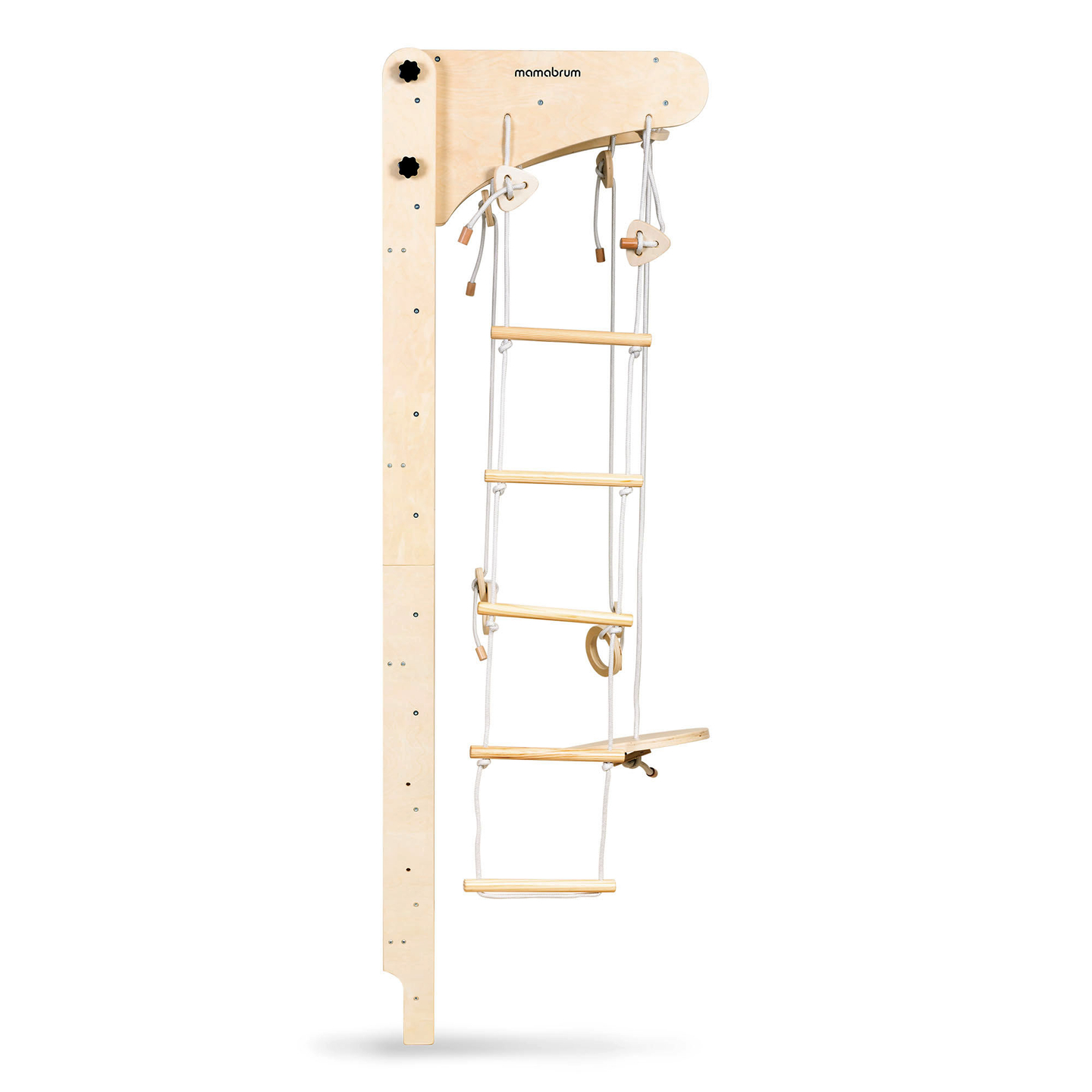 Échelle de gymnastique en bois pour enfants avec accessoires - une balançoire à assiettes, des anneaux de gymnastique et une échelle de corde