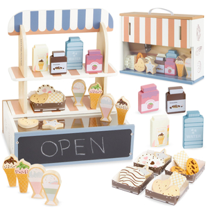 Boutique pliante en bois - café, pâtisserie avec accessoires