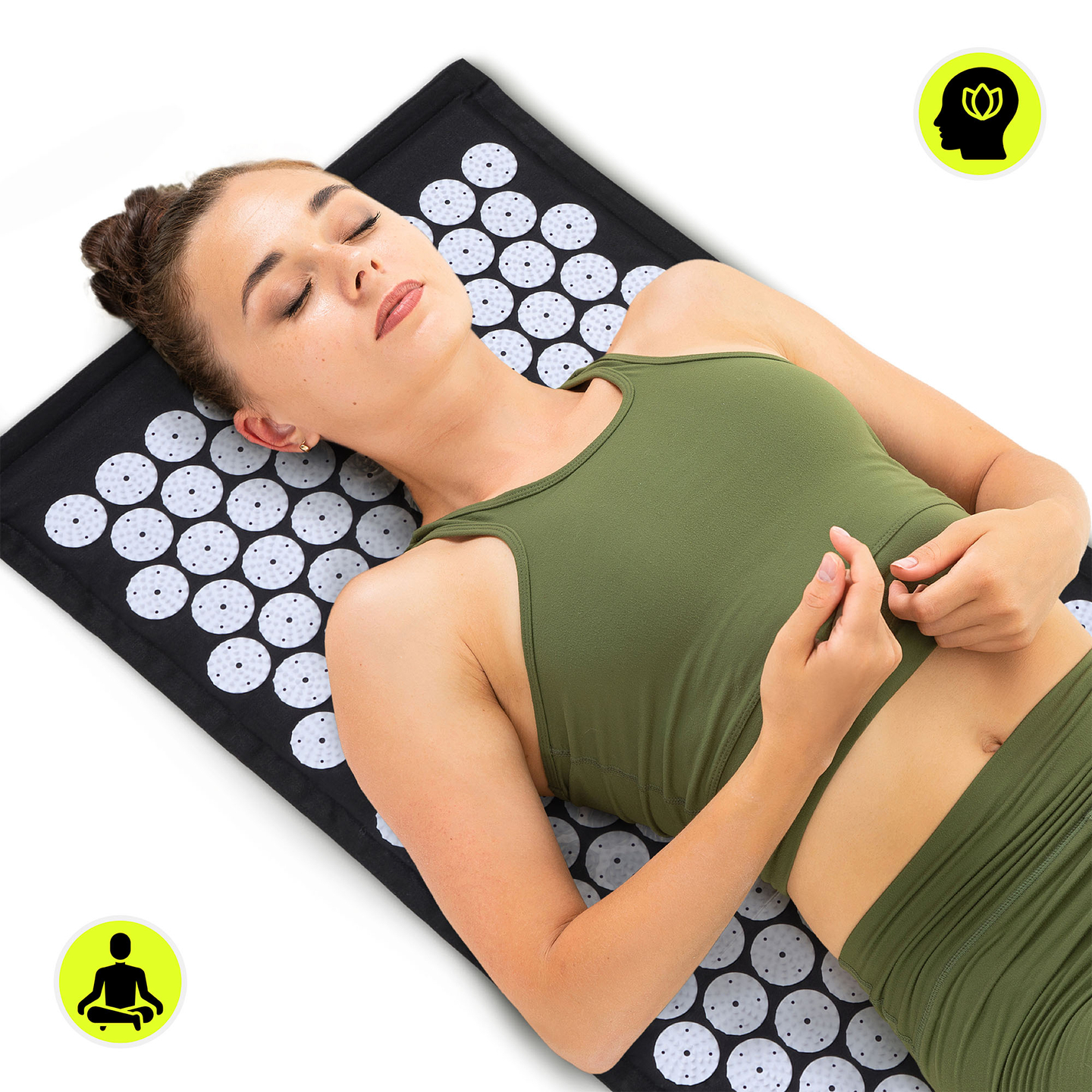 Tapis d'acupression en lin écologique avec coussin en fibres de coco et sarrasin – 68 cm HyperMotion Noir et Blanc