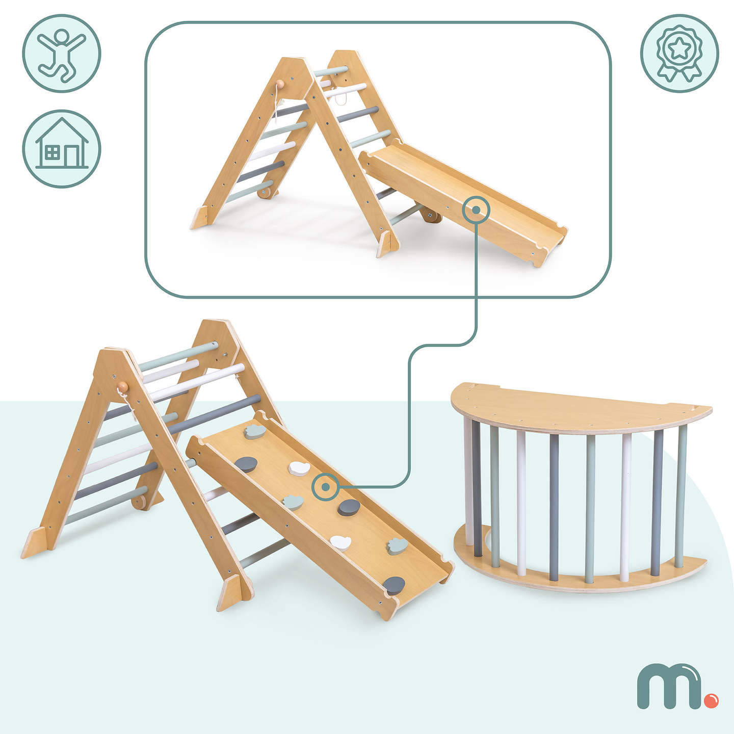 Aire de jeux intérieure en bois pour enfants - mur d'escalade, toboggan, arche d'escalade/bascule et triangle de Pikler