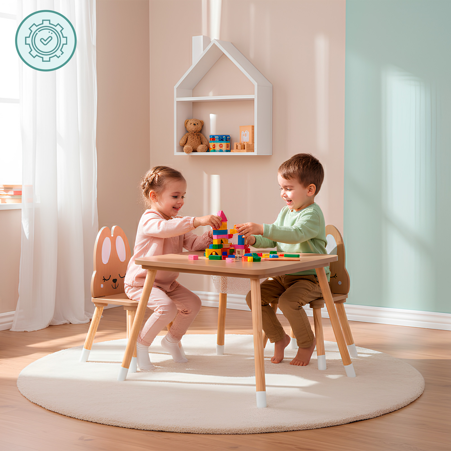 Table en bois avec rangement et 2 chaises Ensemble enfant - Lapin mignon