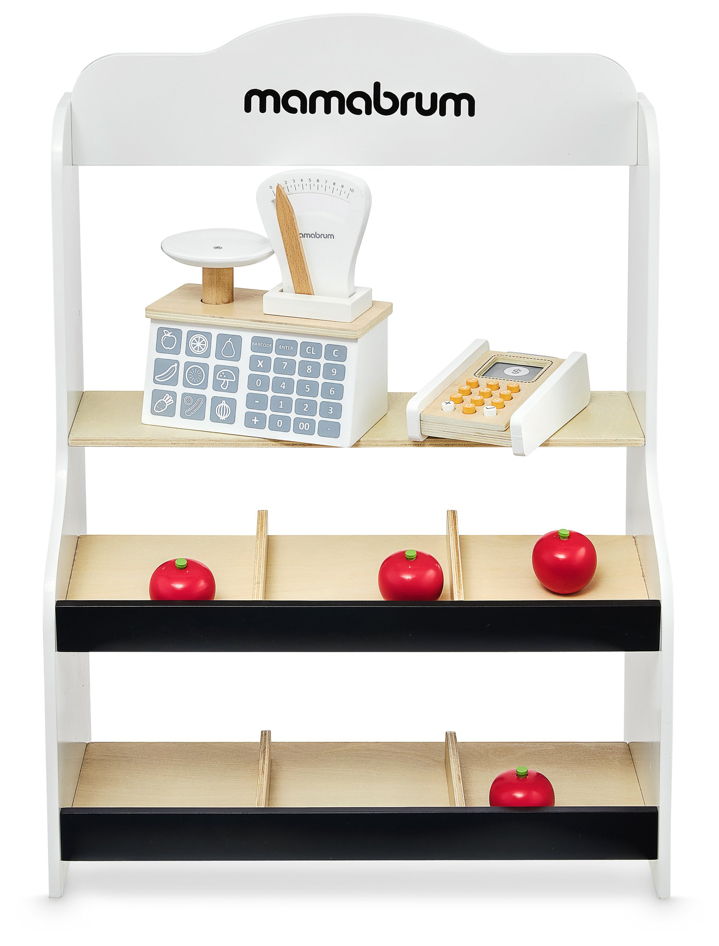 Mini market - magasin avec balances, terminal, carte de paiement et fruits