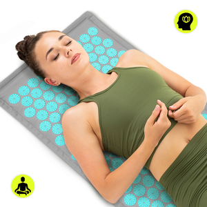 Tapis d'acupression en lin écologique avec coussin en fibres de coco et sarrasin – 68 cm HyperMotion Gris-Menthe