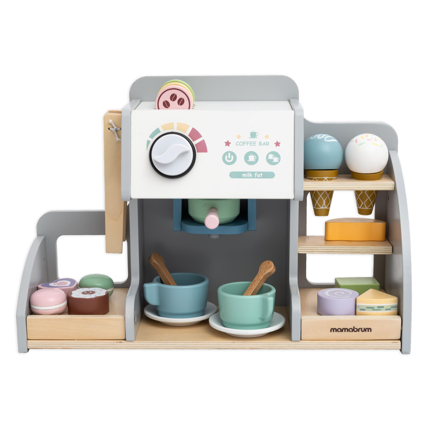 Une grande glacière en bois avec tableau magnétique, machine à café et set de glaces et de desserts - plus de 70 pièces !