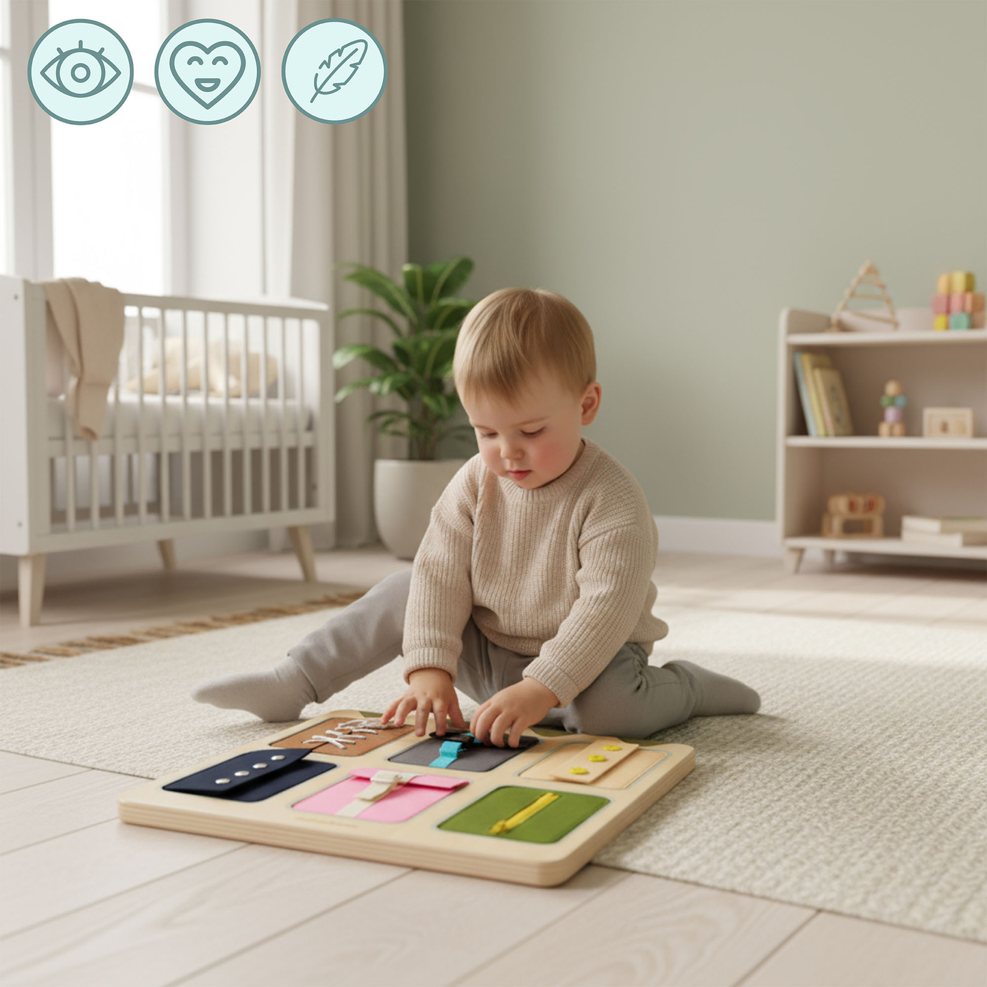 Tableau de manipulation Montessori en bois – Apprentissage sensoriel de l'autonomie – lacets, boucles, boutons, pressions, fermeture éclair